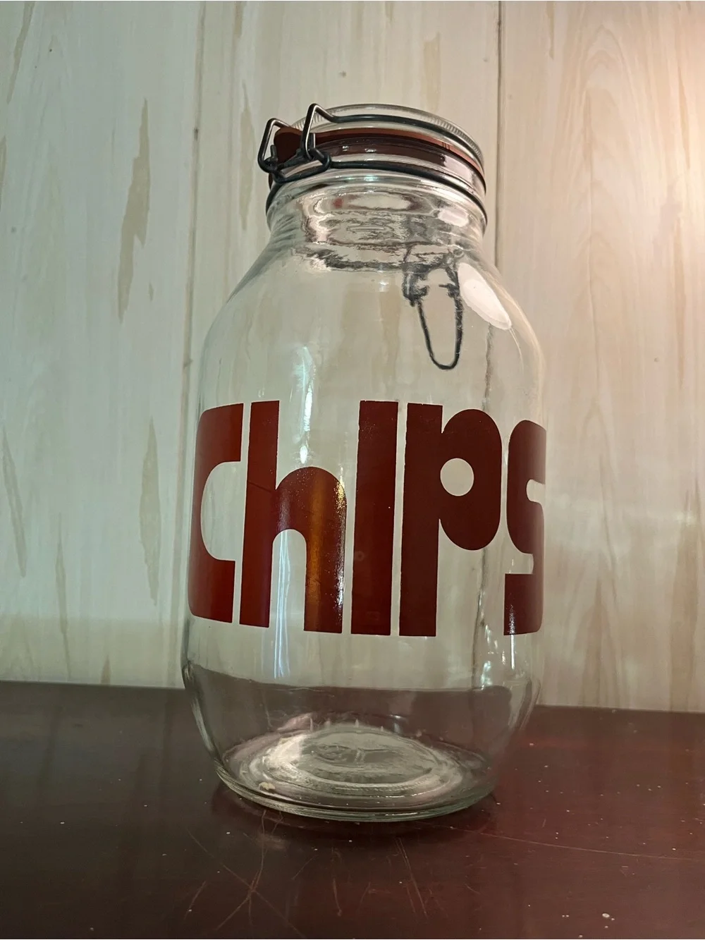 Vintage 'chips' Glass Storage Jar with Clamp Lid - Brown Lettering